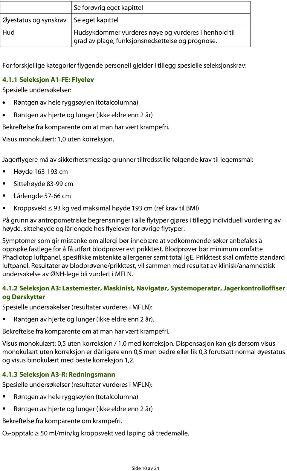 1 Seleksjon A1-FE: Flyelev Spesielle undersøkelser: Røntgen av hele ryggsøylen (totalcolumna) Røntgen av hjerte og lunger (ikke eldre enn 2 år) Bekreftelse fra komparente om at man har vært krampefri.