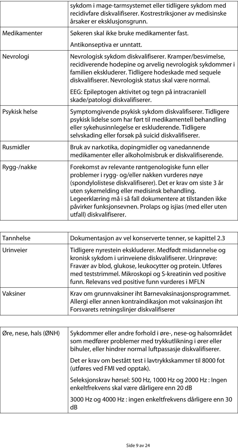 Kramper/besvimelse, recidiverende hodepine og arvelig nevrologisk sykdommer i familien ekskluderer. Tidligere hodeskade med sequele diskvalifiserer. Nevrologisk status skal være normal.