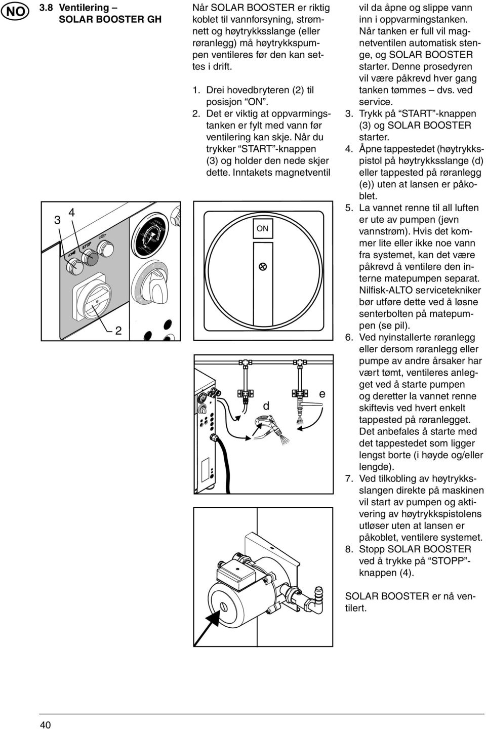 settes i drift. 1. Drei hovedbryteren (2) til posisjon ON. 2. Det er viktig at oppvarmingstanken er fylt med vann før ventilering kan skje.