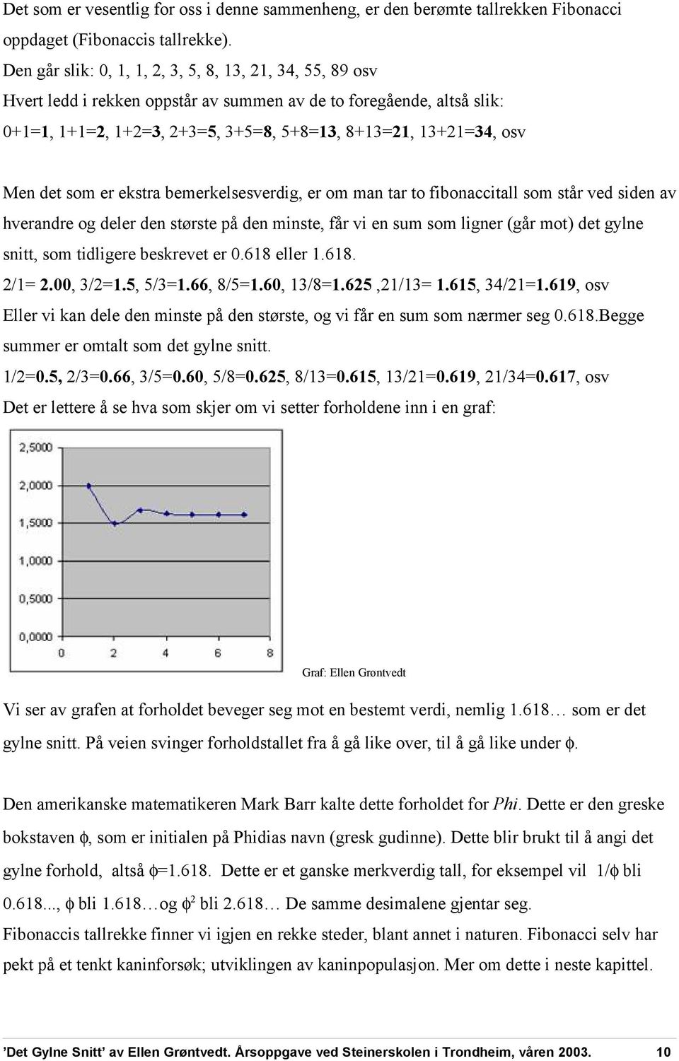 det som er ekstra bemerkelsesverdig, er om man tar to fibonaccitall som står ved siden av hverandre og deler den største på den minste, får vi en sum som ligner (går mot) det gylne snitt, som