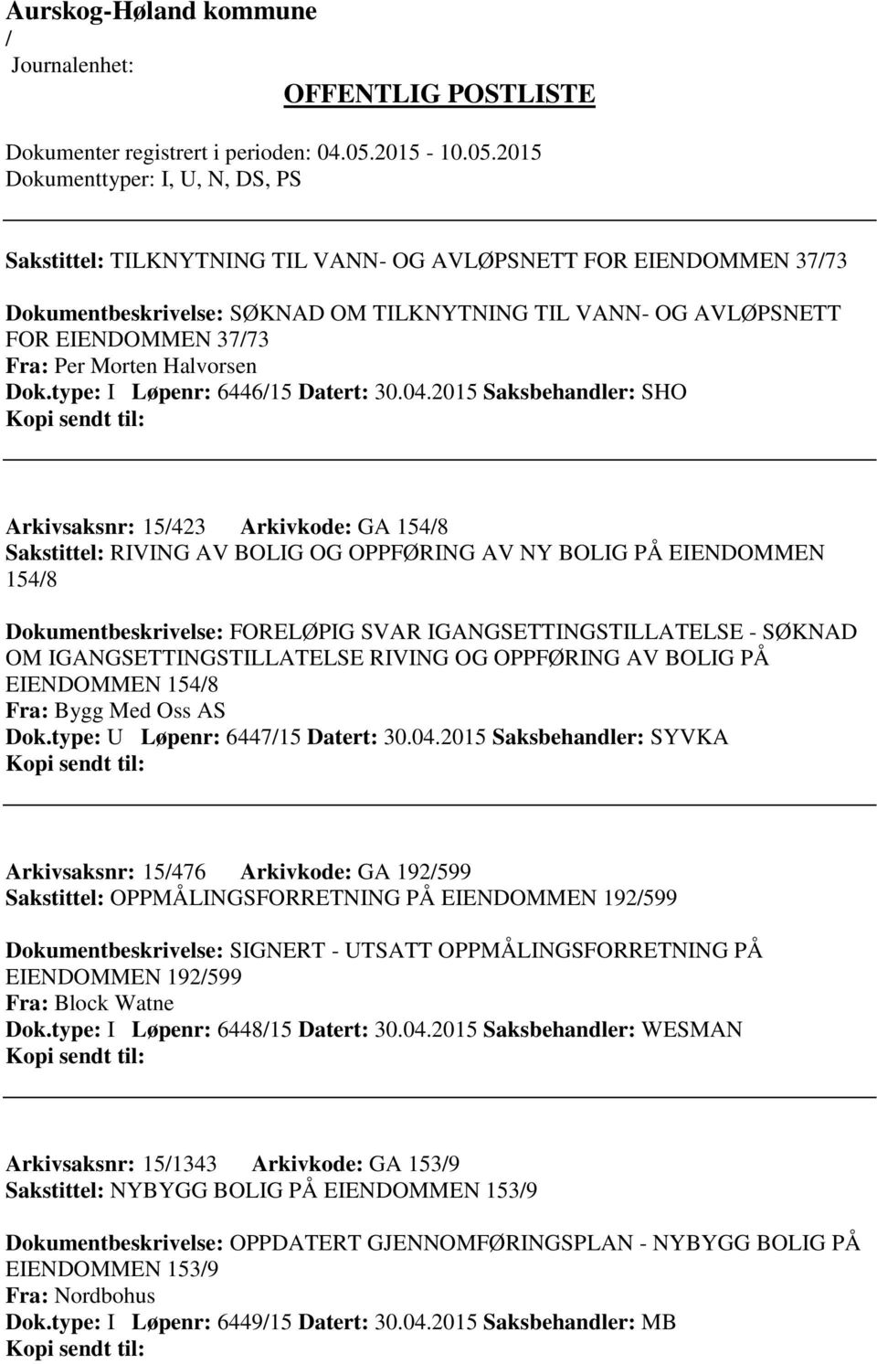 2015 Saksbehandler: SHO Arkivsaksnr: 15423 Arkivkode: GA 1548 Sakstittel: RIVING AV BOLIG OG OPPFØRING AV NY BOLIG PÅ EIENDOMMEN 1548 Dokumentbeskrivelse: FORELØPIG SVAR IGANGSETTINGSTILLATELSE -