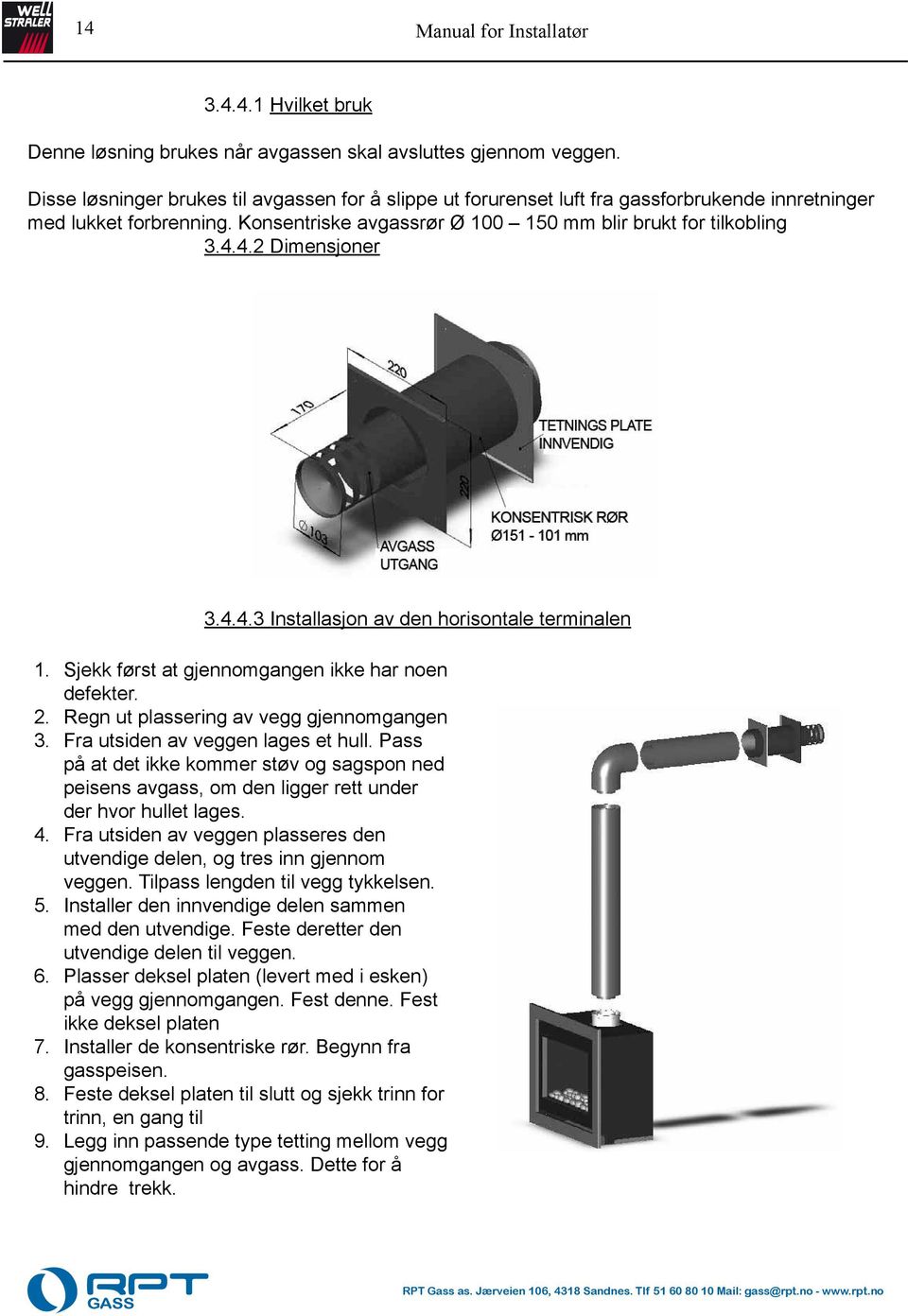 4.2 Dimensjoner 3.4.4.3 Installasjon av den horisontale terminalen 1. Sjekk først at gjennomgangen ikke har noen defekter. 2. Regn ut plassering av vegg gjennomgangen 3.