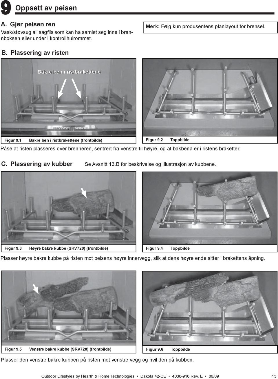 2 Toppbilde Påse at risten plasseres over brenneren, sentrert fra venstre til høyre, og at bakbena er i ristens braketter. C. Plassering av kubber Se Avsnitt 13.