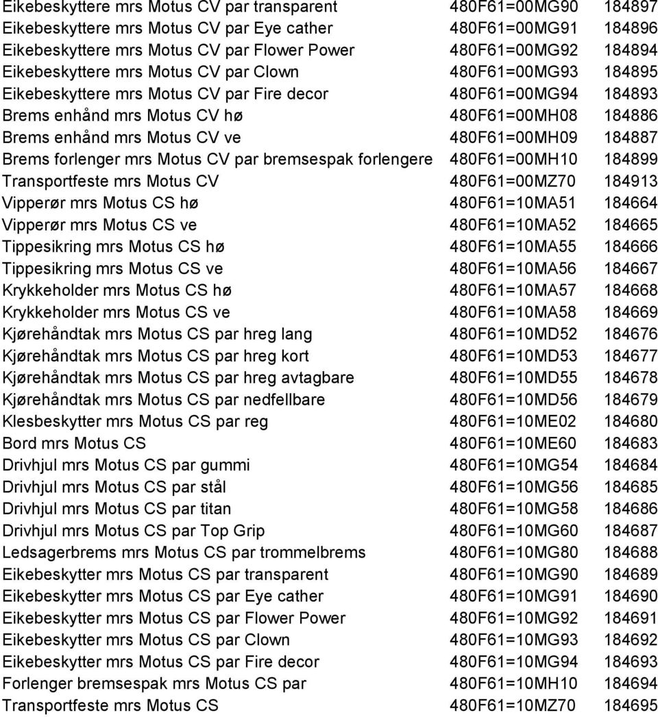 ve 480F61=00MH09 184887 Brems forlenger mrs Motus CV par bremsespak forlengere 480F61=00MH10 184899 Transportfeste mrs Motus CV 480F61=00MZ70 184913 Vipperør mrs Motus CS hø 480F61=10MA51 184664