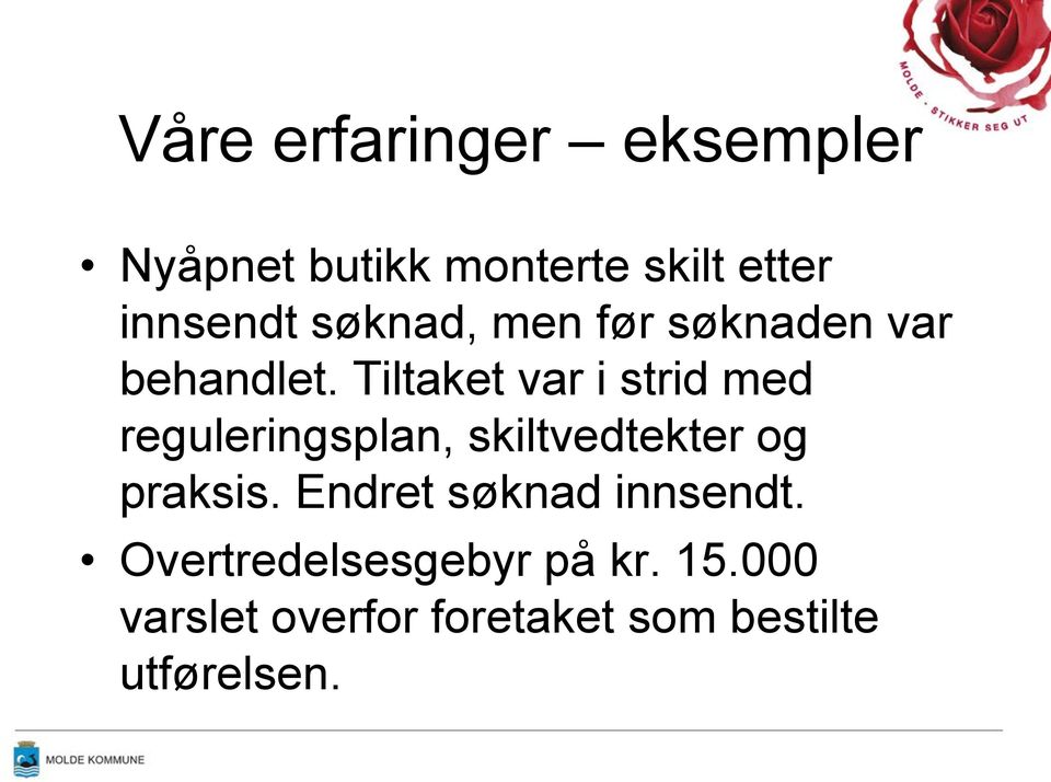 Tiltaket var i strid med reguleringsplan, skiltvedtekter og praksis.