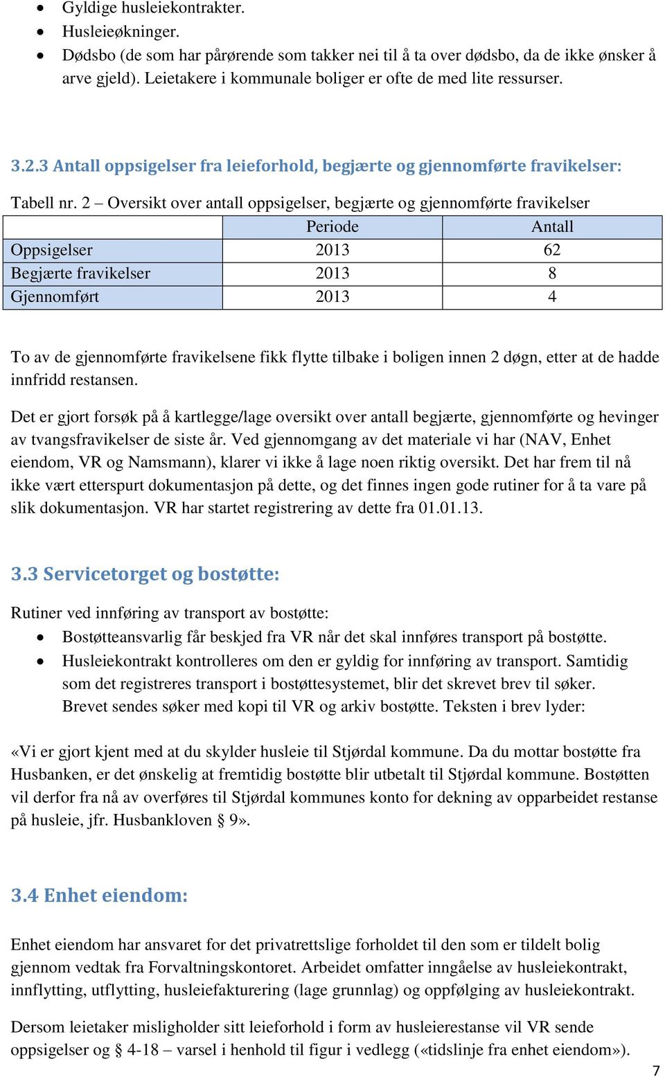 2 Oversikt over antall oppsigelser, begjærte og gjennomførte fravikelser Periode Antall Oppsigelser 2013 62 Begjærte fravikelser 2013 8 Gjennomført 2013 4 To av de gjennomførte fravikelsene fikk