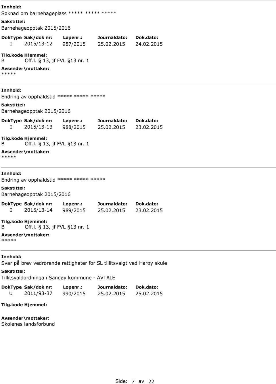 2015 Endring av opphaldstid ***** ***** ***** Barnehageopptak 2015/2016 B 2015/13-14 989/2015 Off.l. 13, jf FVL 13 nr. 1 ***** 23.02.