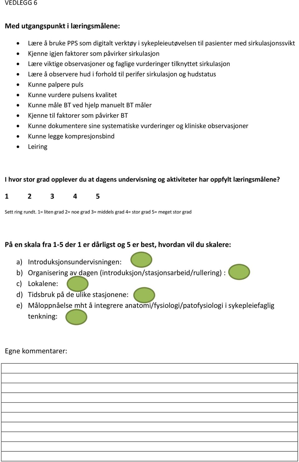 hjelp manuelt BT måler Kjenne til faktorer som påvirker BT Kunne dokumentere sine systematiske vurderinger og kliniske observasjoner Kunne legge kompresjonsbind Leiring I hvor stor grad opplever du