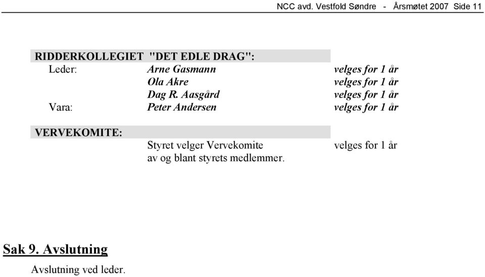 Arne Gasmann velges for 1 år Ola Akre velges for 1 år Dag R.