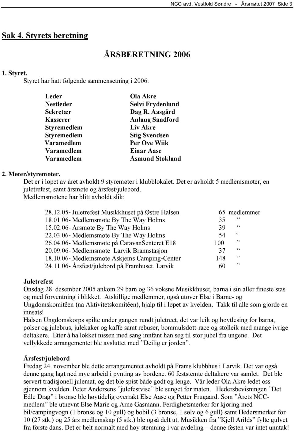 Styret har hatt følgende sammensetning i 2006: Leder Nestleder Sekretær Kasserer Styremedlem Styremedlem Varamedlem Varamedlem Varamedlem Ola Akre Sølvi Frydenlund Dag R.