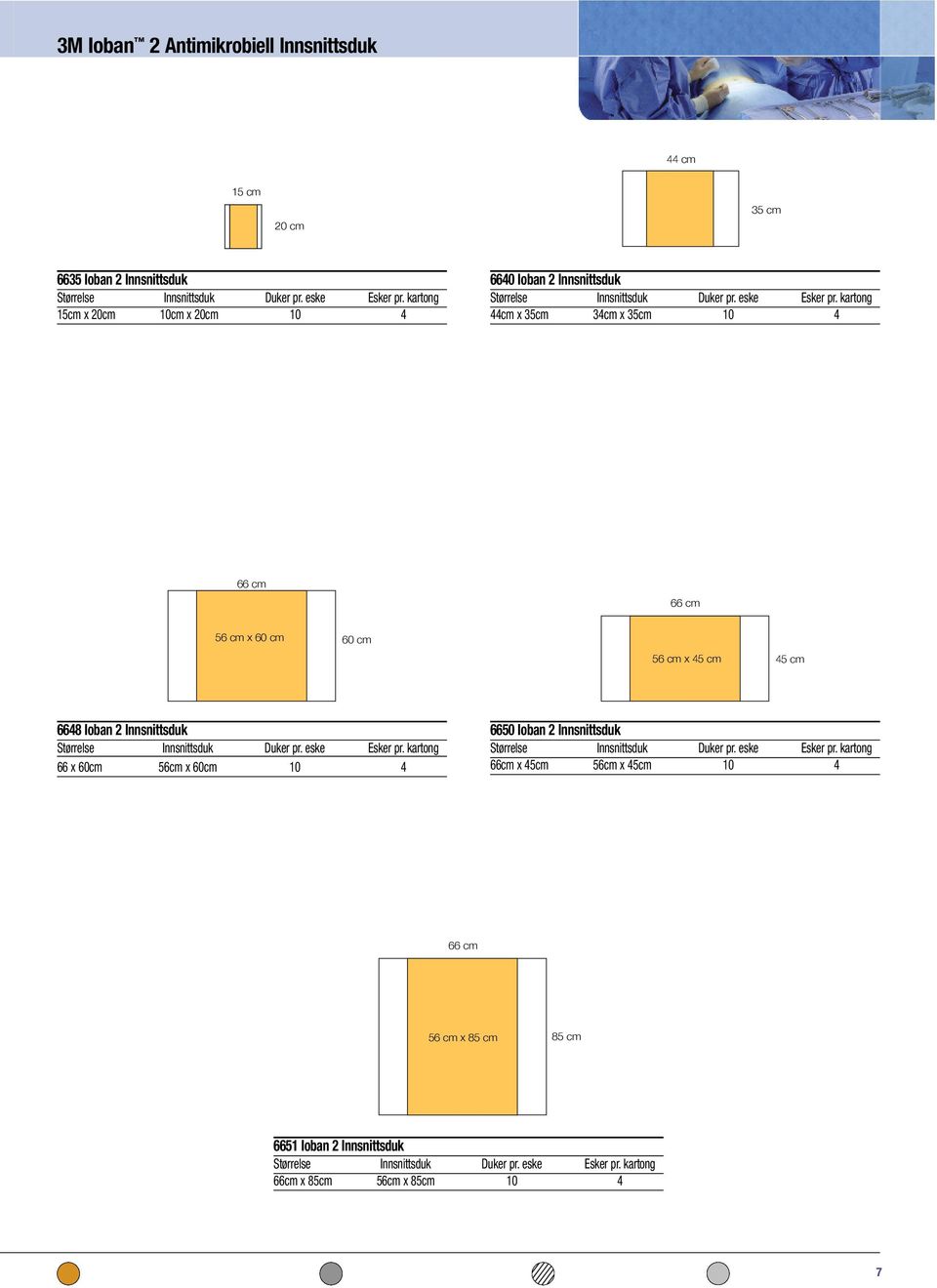kartong 44cm x 35cm 34cm x 35cm 10 4 66 cm 66 cm 56 cm x 60 cm 60 cm 56 cm x 45 cm 45 cm 6648 Ioban 2 Innsnittsduk Størrelse Innsnittsduk Duker pr. eske Esker pr.