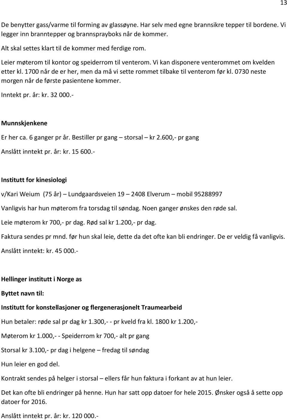 1700 når de er her, men da må vi sette rommet tilbake til venterom før kl. 0730 neste morgen når de første pasientene kommer. Inntekt pr. år: kr. 32 000.- Munnskjenkene Er her ca. 6 ganger pr år.