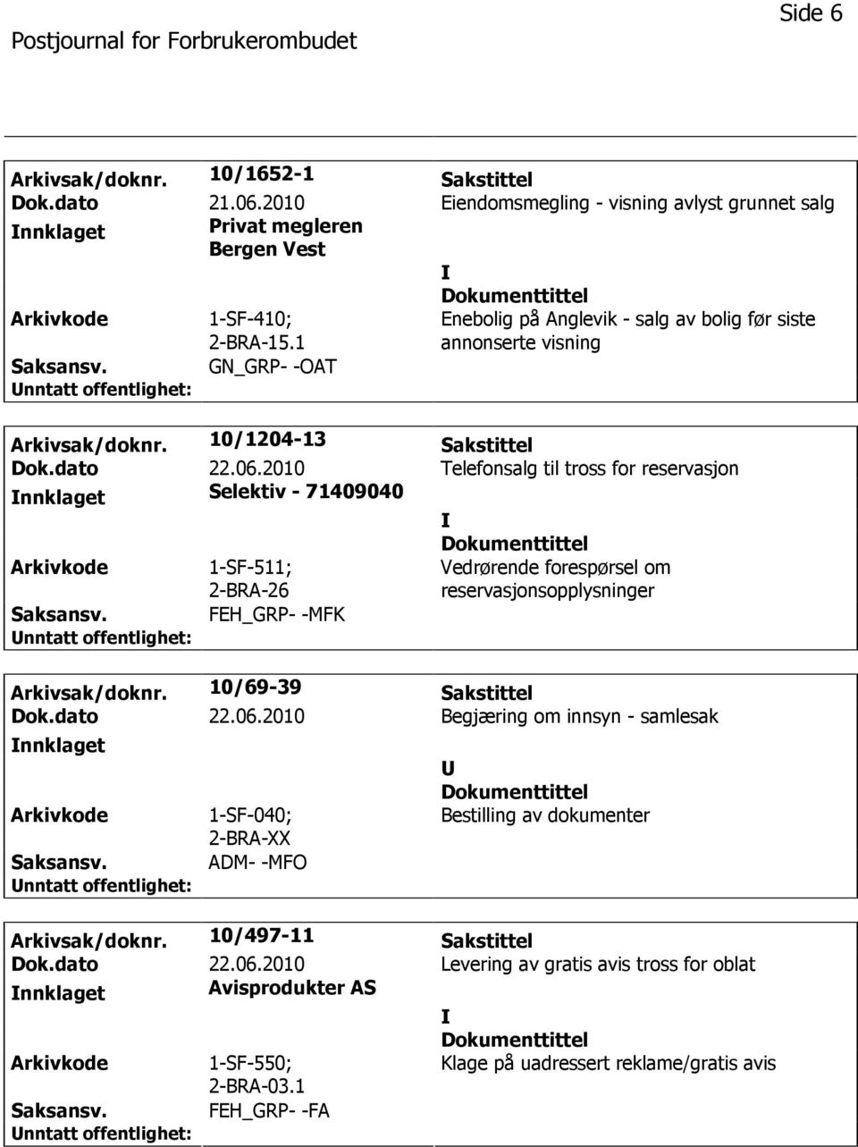 10/1204-13 Sakstittel nnklaget Selektiv - 71409040 2-BRA-26 Vedrørende forespørsel om reservasjonsopplysninger FEH_GRP- -MFK Arkivsak/doknr. 10/69-39 Sakstittel Dok.dato 22.06.