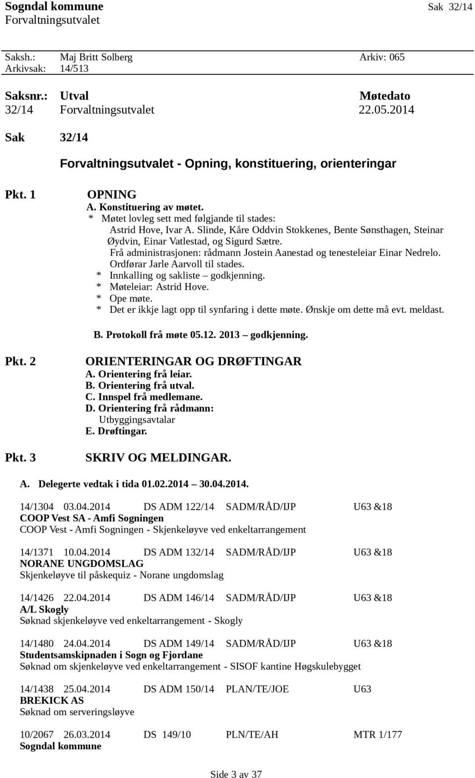 Slinde, Kåre Oddvin Stokkenes, Bente Sønsthagen, Steinar Øydvin, Einar Vatlestad, og Sigurd Sætre. Frå administrasjonen: rådmann Jostein Aanestad og tenesteleiar Einar Nedrelo.