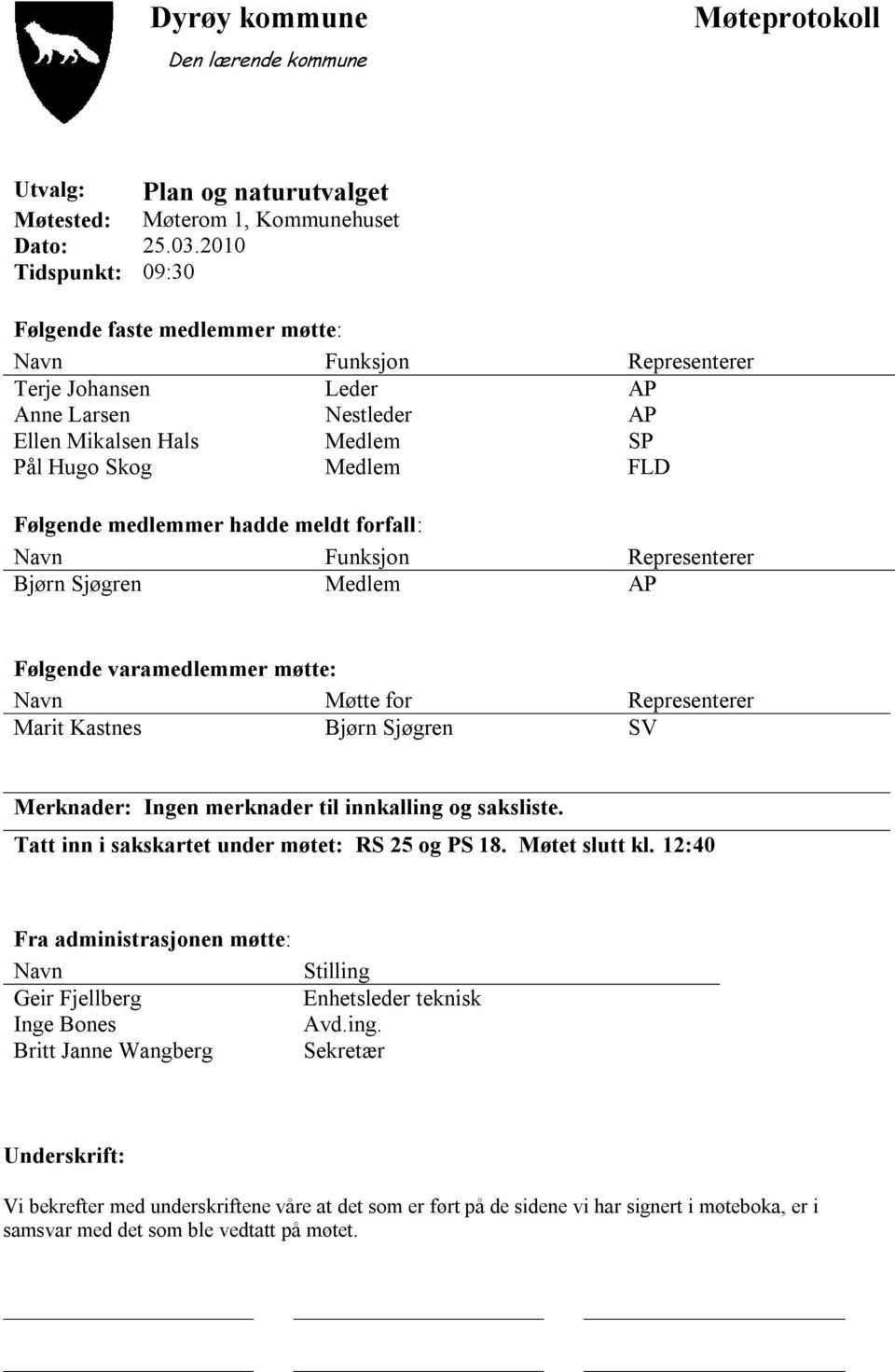 medlemmer hadde meldt forfall: Navn Funksjon Representerer Bjørn Sjøgren Medlem AP Følgende varamedlemmer møtte: Navn Møtte for Representerer Marit Kastnes Bjørn Sjøgren SV Merknader: Ingen merknader