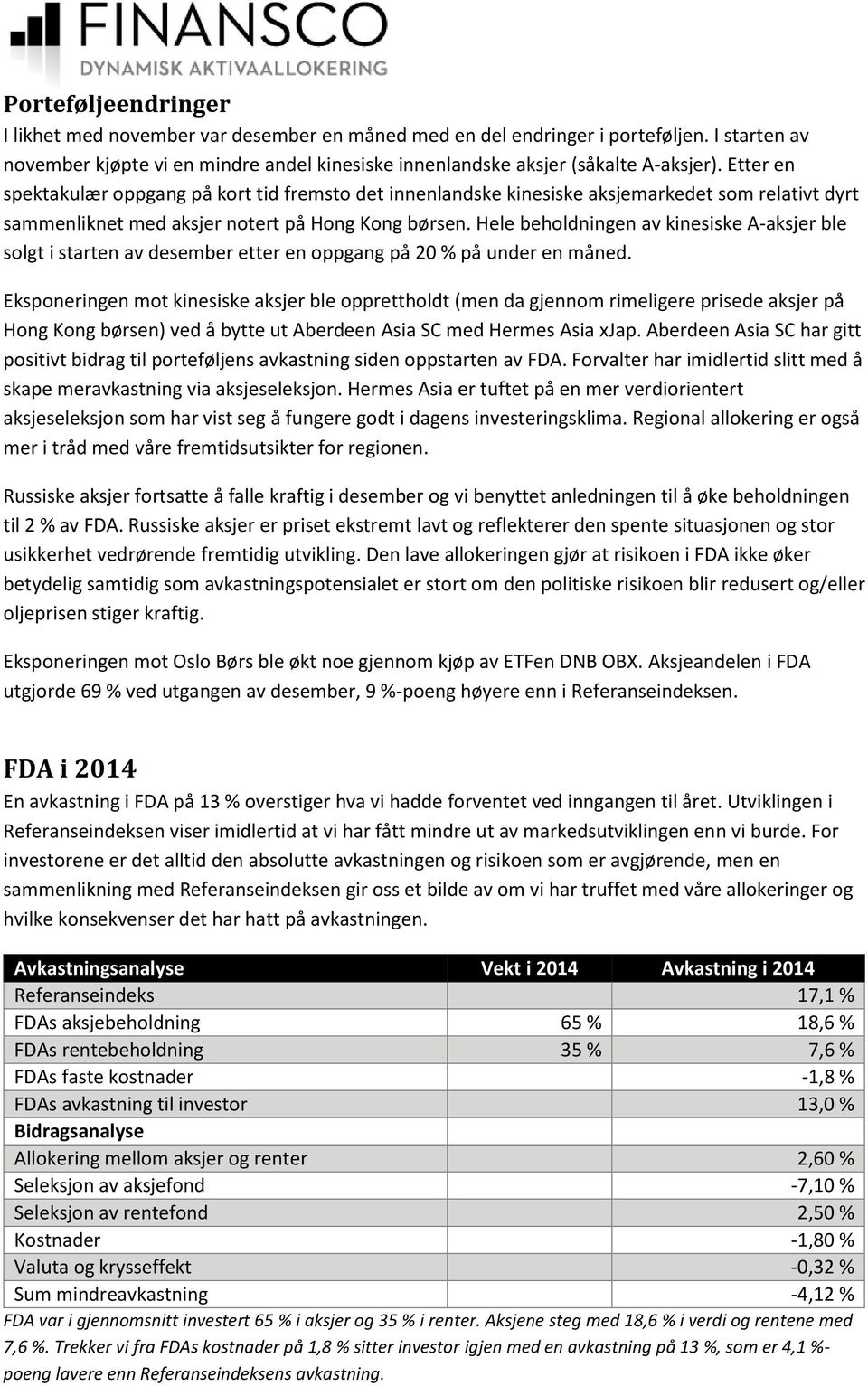 Hele beholdningen av kinesiske A-aksjer ble solgt i starten av desember etter en oppgang på 20 % på under en måned.