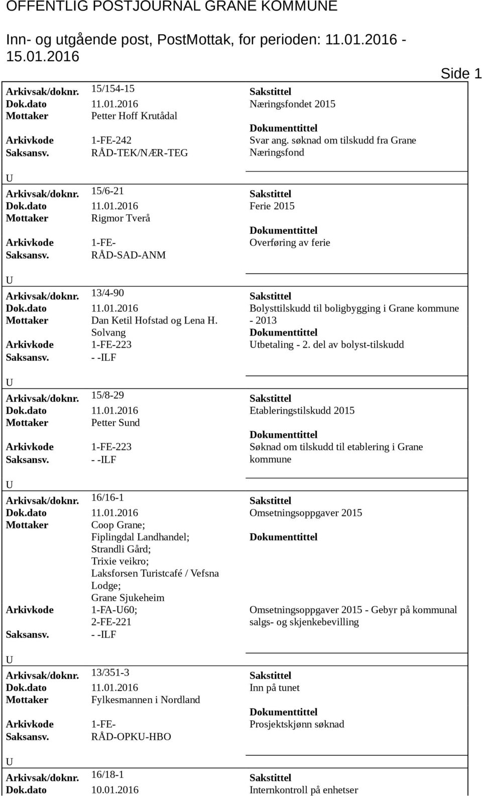 13/4-90 Sakstittel Dok.dato 11.01.2016 Bolysttilskudd til boligbygging i Grane kommune Mottaker Dan Ketil Hofstad og Lena H. - 2013 Solvang Arkivkode 1-FE-223 tbetaling - 2.