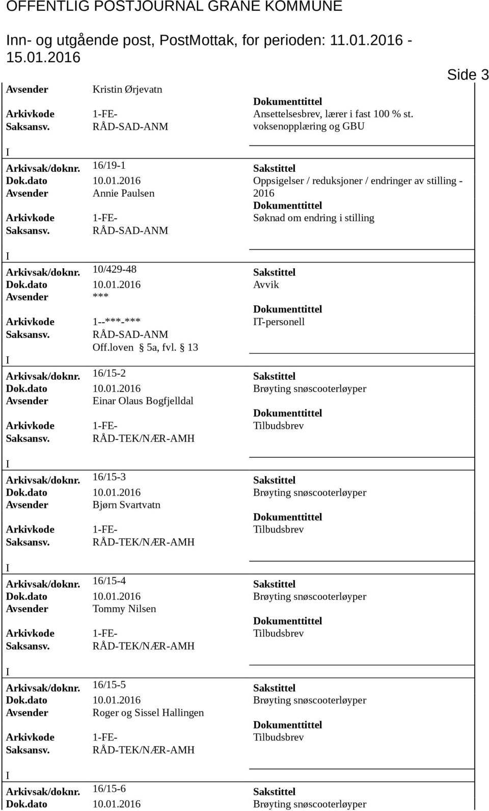 2016 Oppsigelser / reduksjoner / endringer av stilling - Avsender Annie Paulsen 2016 Arkivkode 1-FE- Søknad om endring i stilling Arkivsak/doknr. 10/429-48 Sakstittel Dok.dato 10.01.2016 Avvik Avsender *** Arkivkode 1--***-*** T-personell Off.