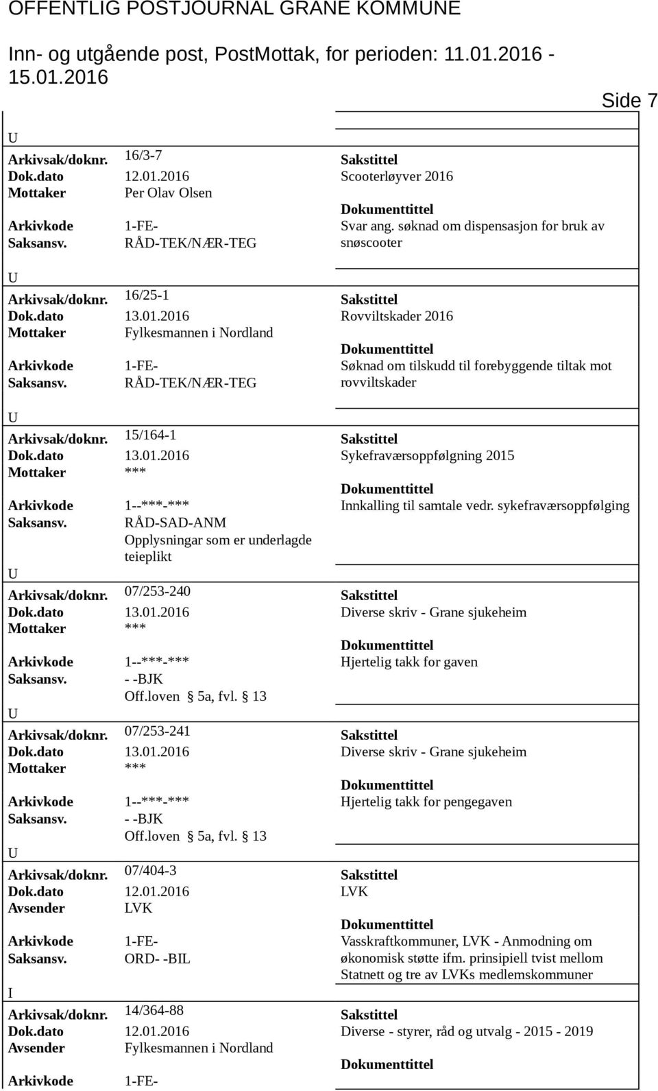 2016 Rovviltskader 2016 Mottaker Fylkesmannen i Nordland Arkivkode 1-FE- Søknad om tilskudd til forebyggende tiltak mot rovviltskader Arkivsak/doknr. 15/164-1 Sakstittel Dok.dato 13.01.2016 Sykefraværsoppfølgning 2015 Mottaker *** Arkivkode 1--***-*** nnkalling til samtale vedr.