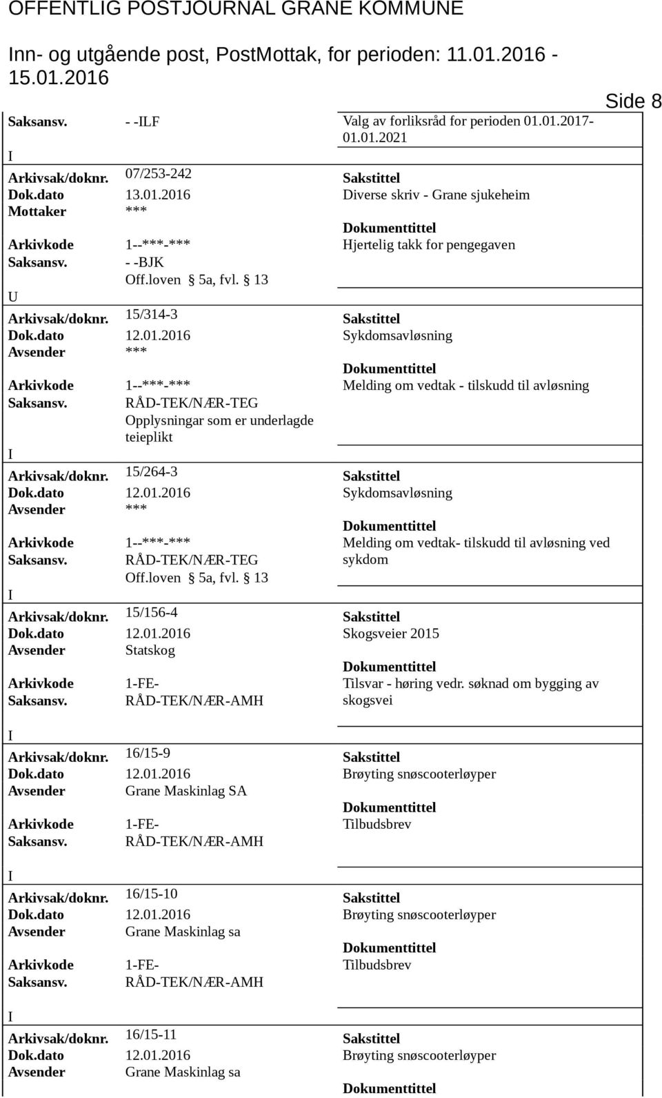 15/314-3 Sakstittel Dok.dato 12.01.2016 Sykdomsavløsning Avsender *** Arkivkode 1--***-*** Melding om vedtak - tilskudd til avløsning Opplysningar som er underlagde teieplikt Arkivsak/doknr.