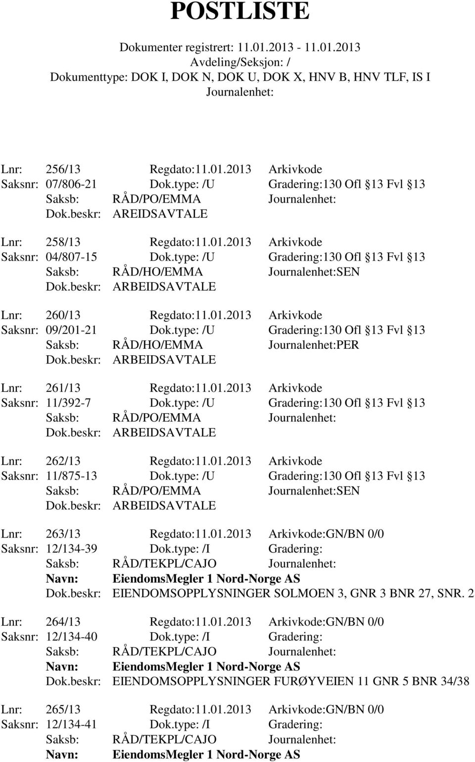 type: /U Gradering:130 Ofl 13 Fvl 13 Saksb: RÅD/PO/EMMA Lnr: 262/13 Regdato:11.01.2013 Arkivkode Saksnr: 11/875-13 Dok.