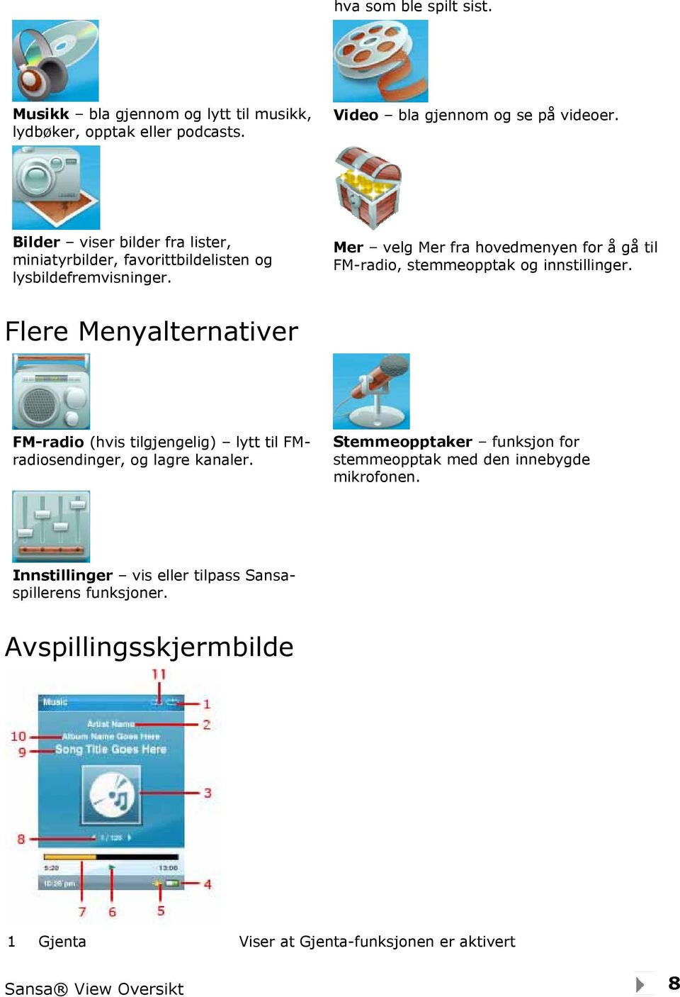 Mer velg Mer fra hovedmenyen for å gå til FM-radio, stemmeopptak og innstillinger.