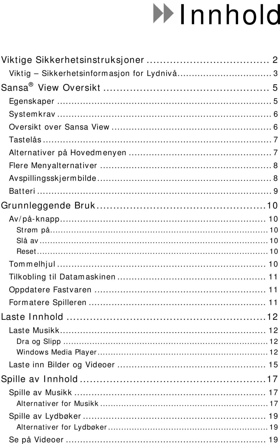 .. 10 Tommelhjul... 10 Tilkobling til Datamaskinen... 11 Oppdatere Fastvaren... 11 Formatere Spilleren... 11 Laste Innhold...12 Laste Musikk... 12 Dra og Slipp... 12 Windows Media Player.