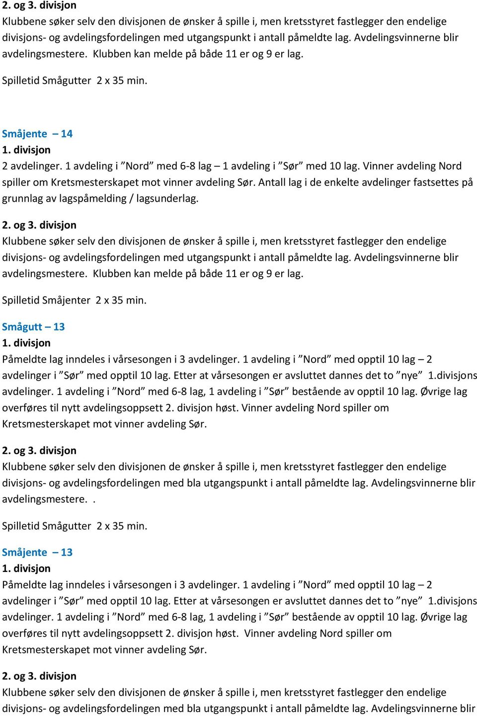 Antall lag i de enkelte avdelinger fastsettes på grunnlag av lagspåmelding / lagsunderlag.  Spilletid Småjenter 2 x 35 min. Smågutt 13 Påmeldte lag inndeles i vårsesongen i 3 avdelinger.