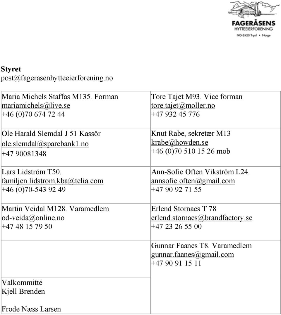 Vice forman tore.tajet@moller.no +47 932 45 776 Knut Rabe, sekretær M13 krabe@howden.se +46 (0)70 510 15 26 mob Ann-Sofie Often Vikström L24. annsofie.often@gmail.