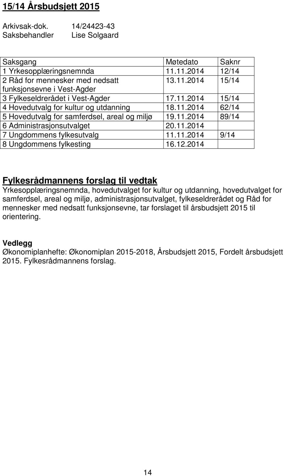 11.2014 89/14 6 Administrasjonsutvalget 20.11.2014 7 Ungdommens fylkesutvalg 11.11.2014 9/14 8 Ungdommens fylkesting 16.12.