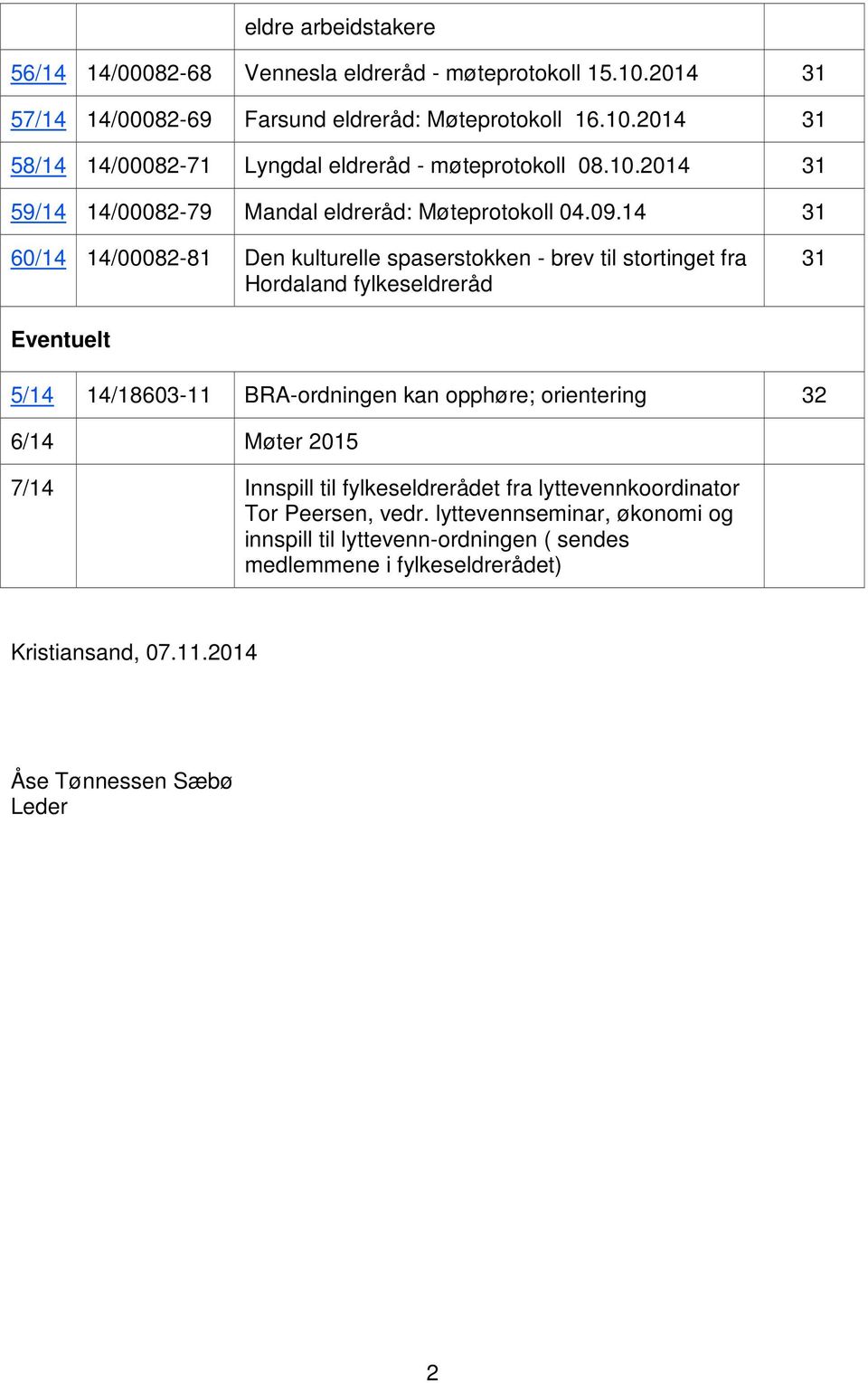 14 31 60/14 14/00082-81 Den kulturelle spaserstokken - brev til stortinget fra Hordaland fylkeseldreråd 31 Eventuelt 5/14 14/18603-11 BRA-ordningen kan opphøre; orientering