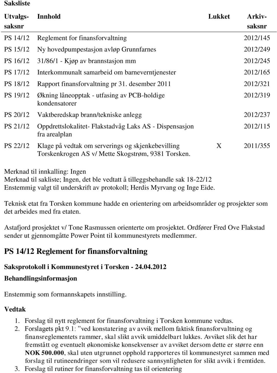 desember 2011 2012/321 PS 19/12 Økning låneopptak - utfasing av PCB-holdige kondensatorer 2012/319 PS 20/12 Vaktberedskap brann/tekniske anlegg 2012/237 PS 21/12 PS 22/12 Oppdrettslokalitet-