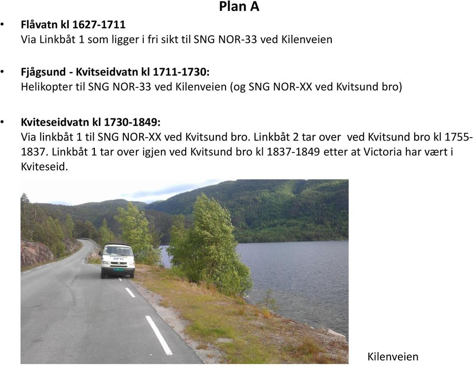 Kviteseidvatn kl 1730-1849: Via linkbåt 1 til SNG NOR-XX ved Kvitsund bro.