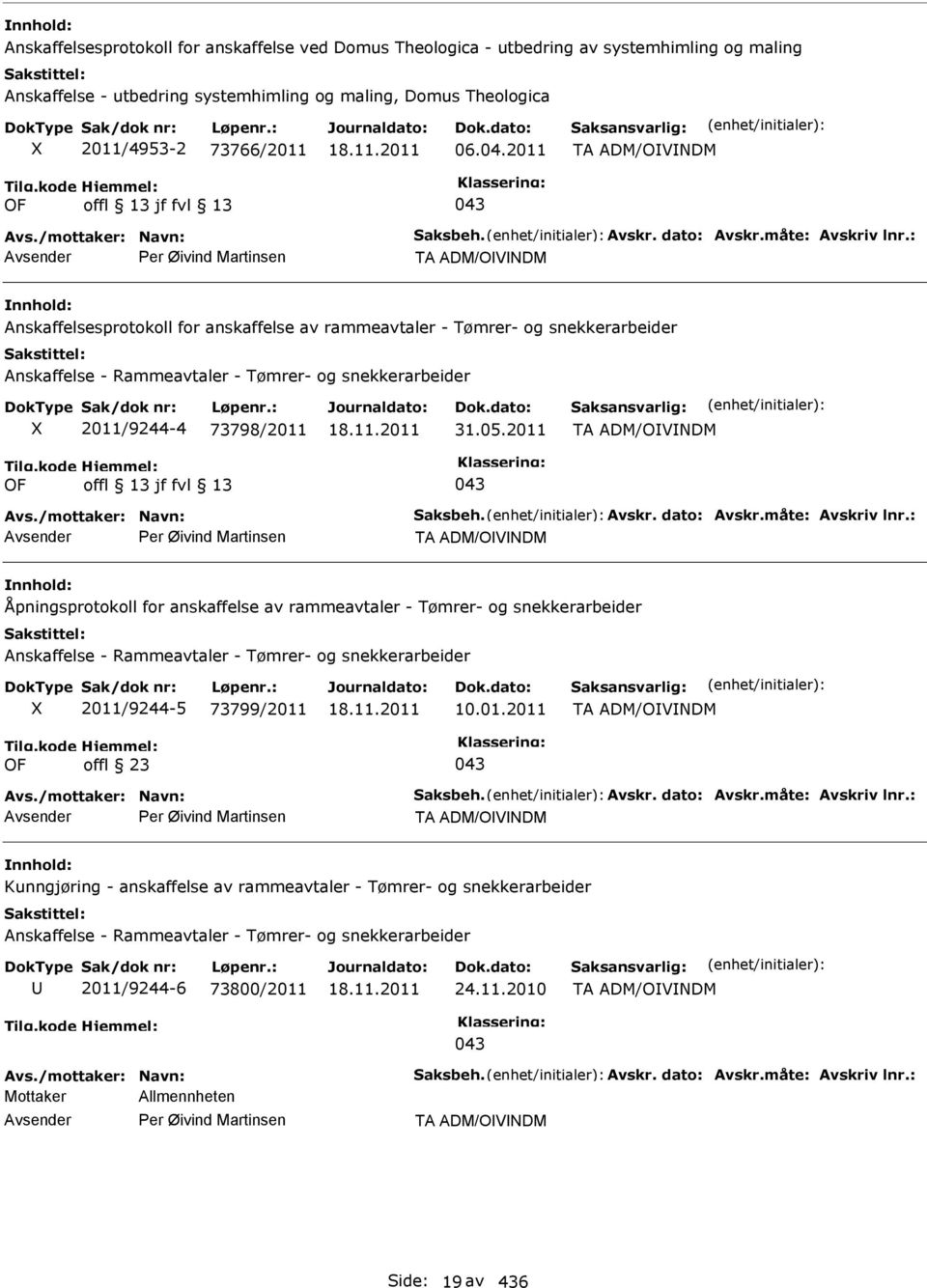 : Per Øivind Martinsen TA ADM/OVNDM Anskaffelsesprotokoll for anskaffelse av rammeavtaler - Tømrer- og snekkerarbeider Anskaffelse - Rammeavtaler - Tømrer- og snekkerarbeider 2011/9244-4 73798/2011