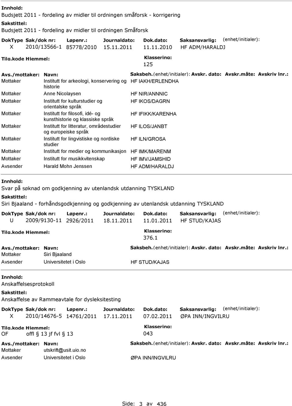 : Mottaker nstitutt for arkeologi, konservering og HF AKH/ERLENDHA historie Mottaker Anne Nicolaysen HF NR/ANNNC Mottaker nstitutt for kulturstudier og HF KOS/DAGRN orientalske språk Mottaker