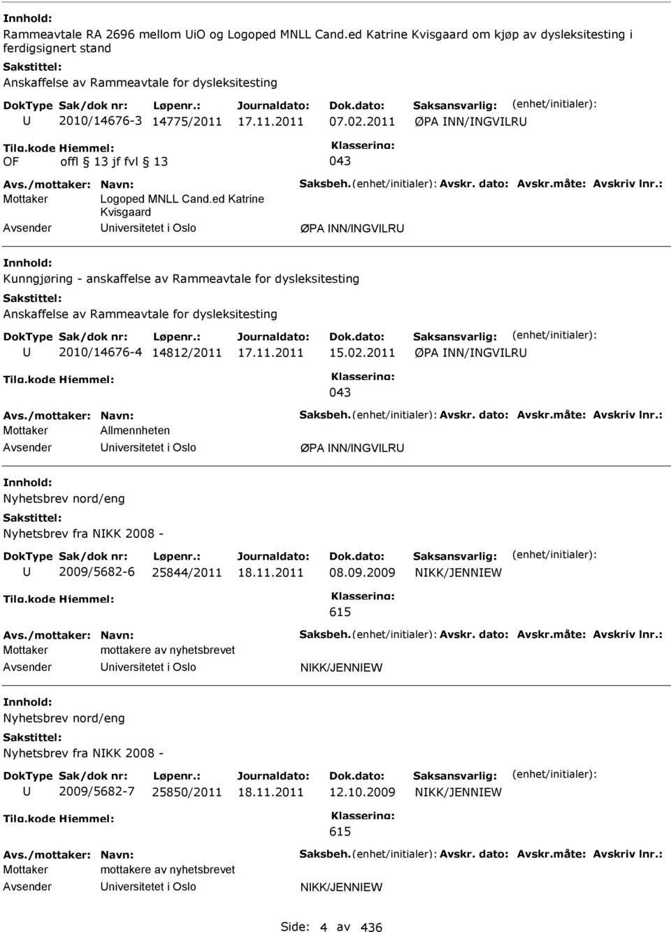 ed Katrine Kvisgaard niversitetet i Oslo ØPA NN/NGVLR Kunngjøring - anskaffelse av Rammeavtale for dysleksitesting Anskaffelse av Rammeavtale for dysleksitesting 2010/14676-4 14812/2011 15.02.