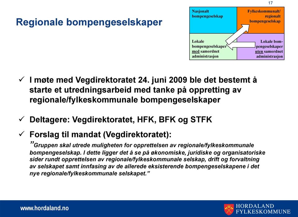 juni 2009 ble det bestemt å starte et utredningsarbeid med tanke på oppretting av regionale/fylkeskommunale bompengeselskaper Deltagere: Vegdirektoratet, HFK, BFK og STFK Forslag til mandat