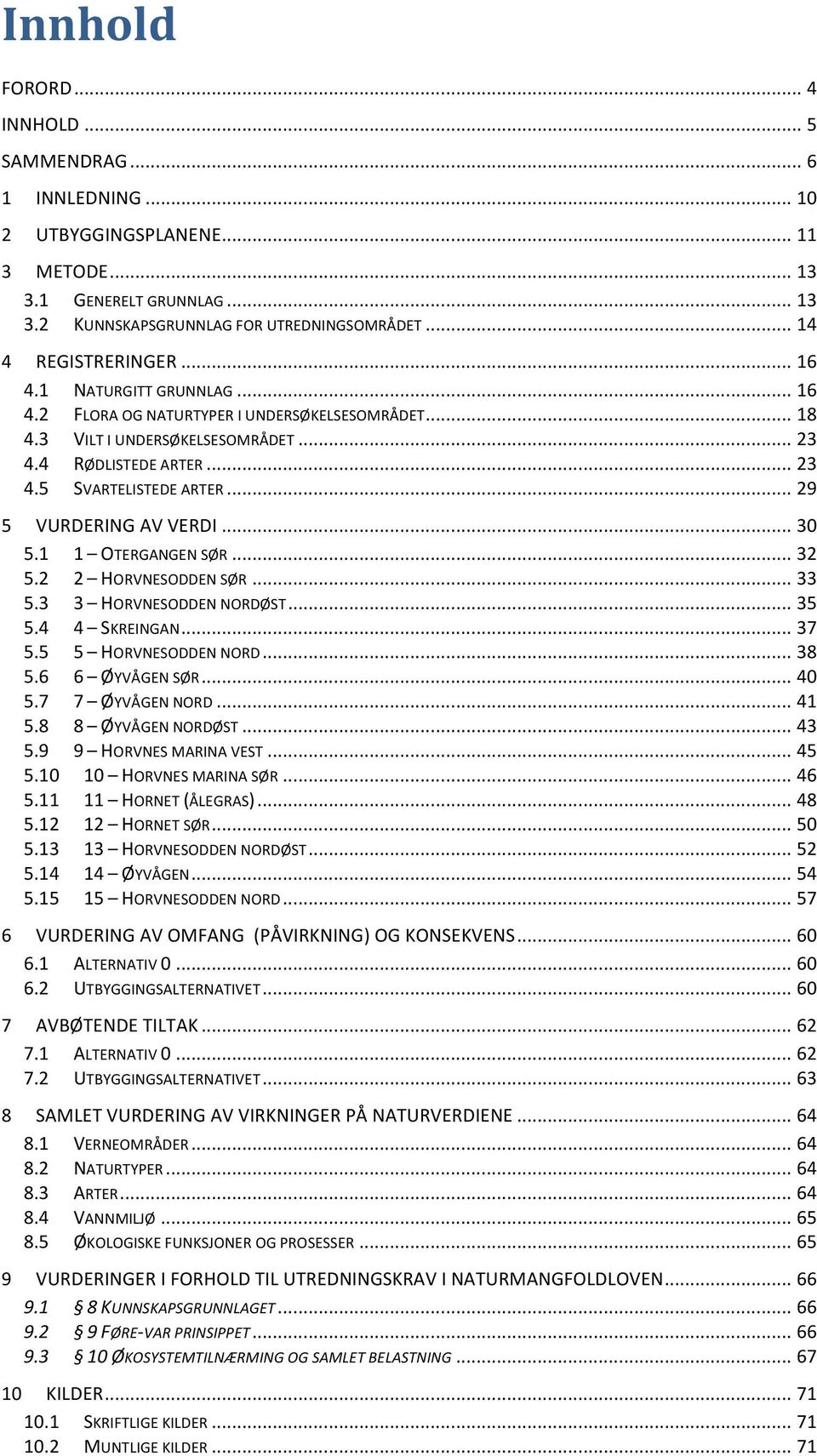 .. 29 5 VURDERING AV VERDI... 30 5.1 1 OTERGANGEN SØR... 32 5.2 2 HORVNESODDEN SØR... 33 5.3 3 HORVNESODDEN NORDØST... 35 5.4 4 SKREINGAN... 37 5.5 5 HORVNESODDEN NORD... 38 5.6 6 ØYVÅGEN SØR... 40 5.