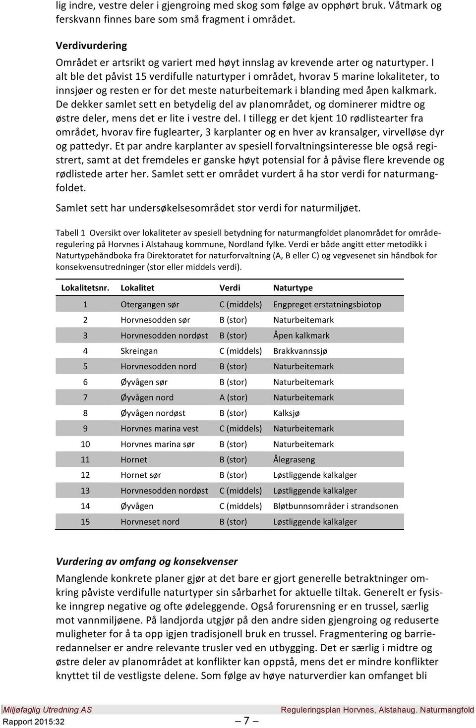 I alt ble det påvist 15 verdifulle naturtyper i området, hvorav 5 marine lokaliteter, to innsjøer og resten er for det meste naturbeitemark i blanding med åpen kalkmark.