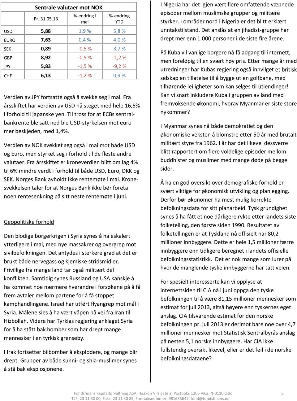 Verdien av NOK svekket seg også i mai mot både USD og Euro, men styrket seg i forhold til de fleste andre valutaer.