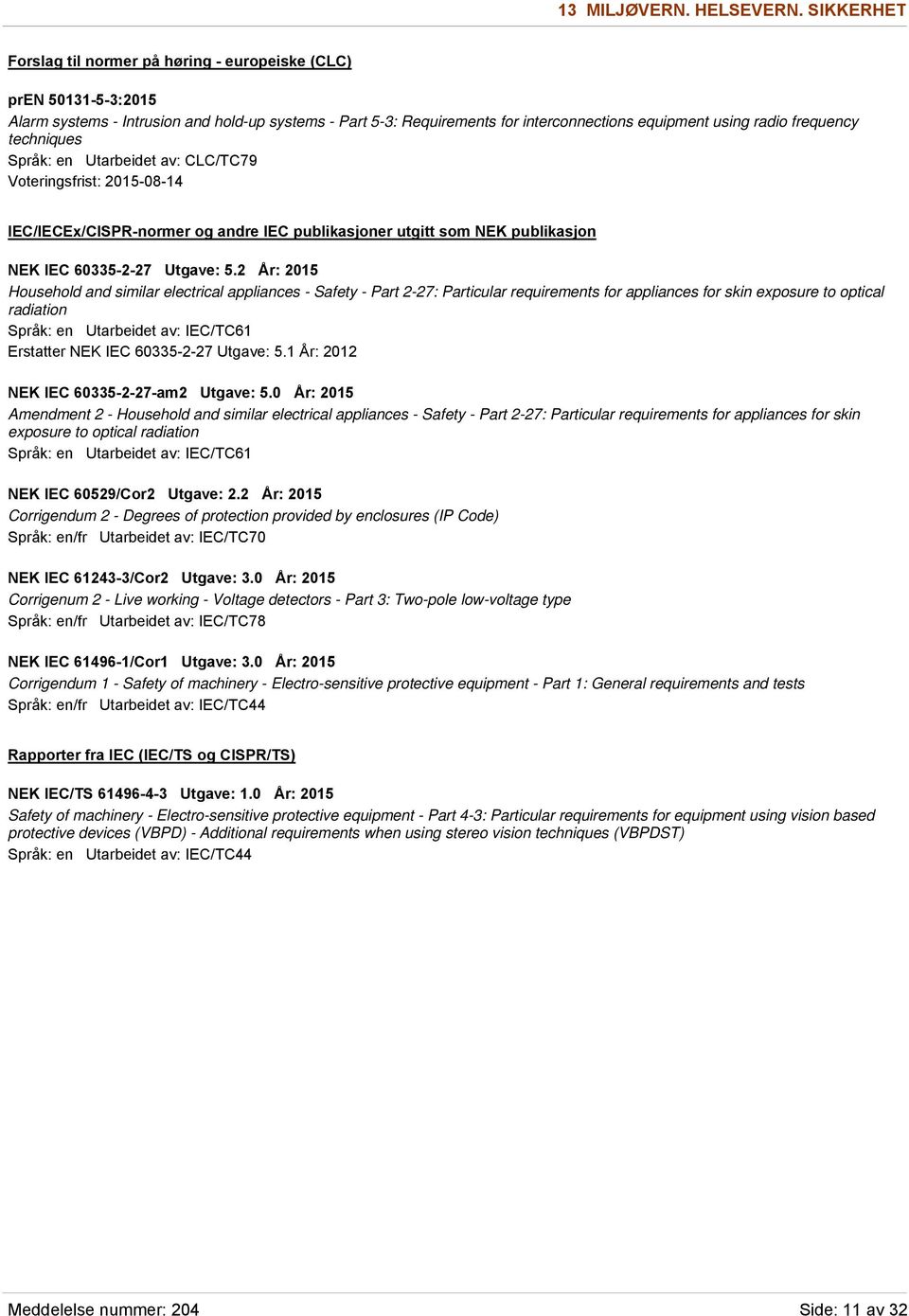 frequency techniques Språk: en Utarbeidet av: CLC/TC79 Voteringsfrist: 2015-08-14 NEK IEC 60335-2-27 Utgave: 5.