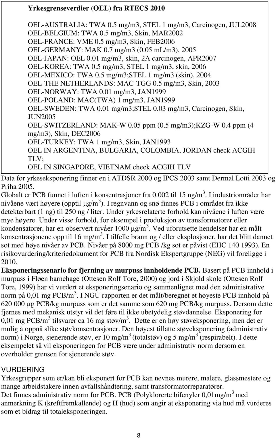 5 mg/m3;stel 1 mg/m3 (skin), 2004 OEL-THE NETHERLANDS: MAC-TGG 0.5 mg/m3, Skin, 2003 OEL-NORWAY: TWA 0.01 mg/m3, JAN1999 OEL-POLAND: MAC(TWA) 1 mg/m3, JAN1999 OEL-SWEDEN: TWA 0.01 mg/m3;stel 0.