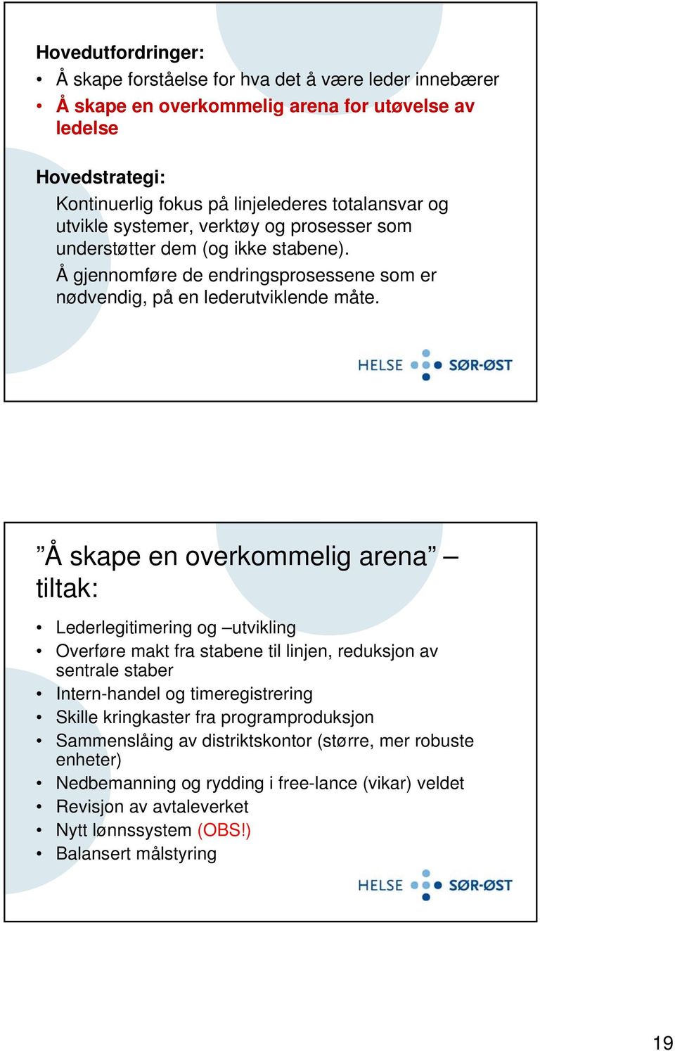 Å skape en overkommelig arena tiltak: Lederlegitimering og utvikling Overføre makt fra stabene til linjen, reduksjon av sentrale staber Intern-handel og timeregistrering Skille