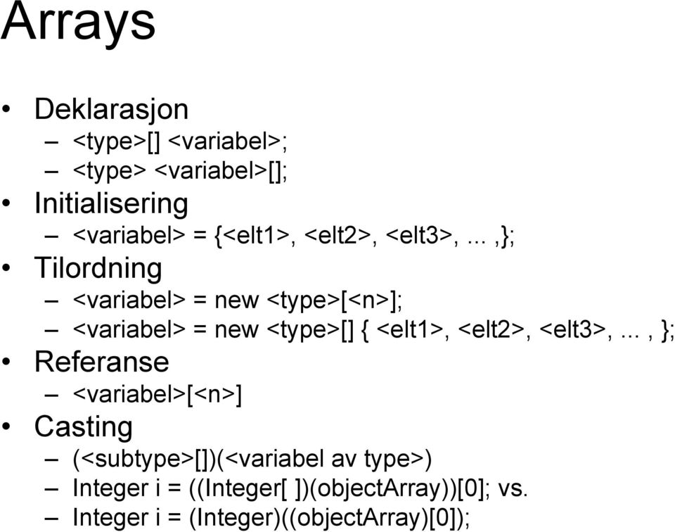 ..,; Tilordning <variabel> = new <type>[<n>]; <variabel> = new <type>[] { <elt1>, <elt2>,