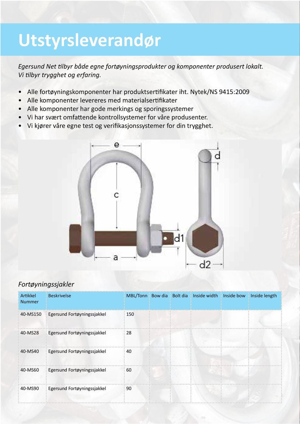 Nytek/NS 9415:2009 Alle komponenter levereres med materialsertifikater Alle komponenter har gode merkings og sporingssystemer Vi har svært omfattende kontrollsystemer for våre produsenter.