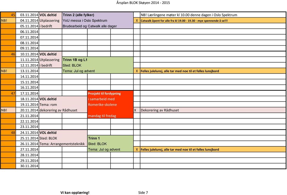 13.11.2014 Tema: Jul og advent X Felles julelunsj, alle tar med noe til et felles lunsjbord 14.11.2014 15.11.2014 16.11.2014 47 17.11.2014 Prosjekt til fordypning 18.11.2014 VOL deltid i samarbeid med 19.