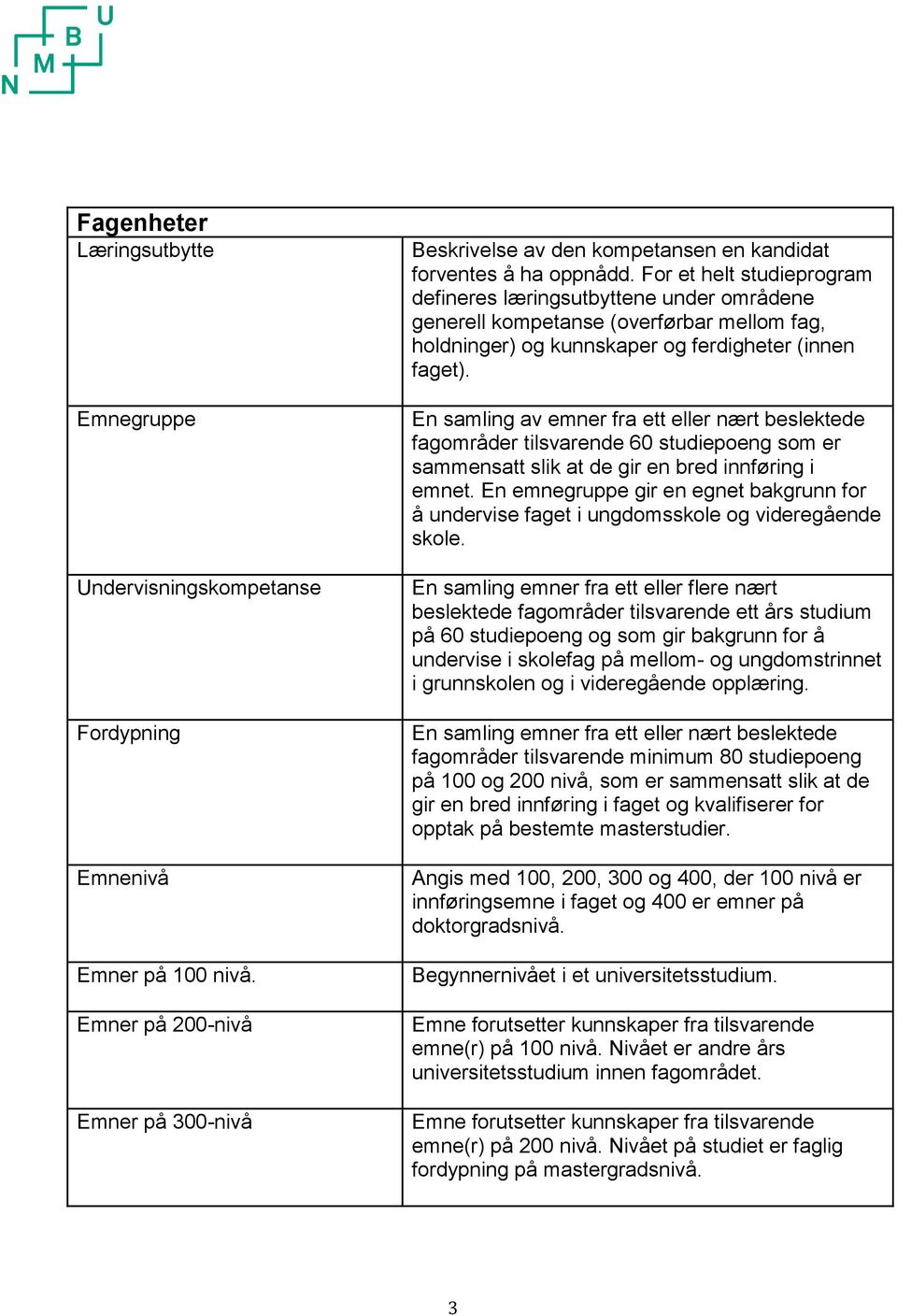 For et helt studieprogram defineres læringsutbyttene under områdene generell kompetanse (overførbar mellom fag, holdninger) og kunnskaper og ferdigheter (innen faget).