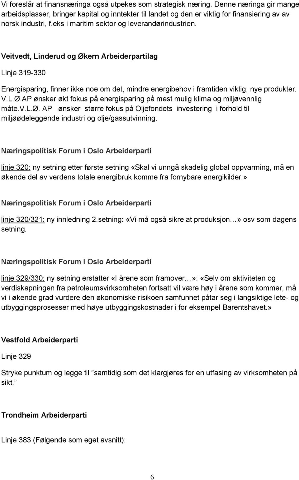 Veitvedt, Linderud og Økern Arbeiderpartilag Linje 319-330 Energisparing, finner ikke noe om det, mindre energibehov i framtiden viktig, nye produkter. V.L.Ø.AP ønsker økt fokus på energisparing på mest mulig klima og miljøvennlig måte.