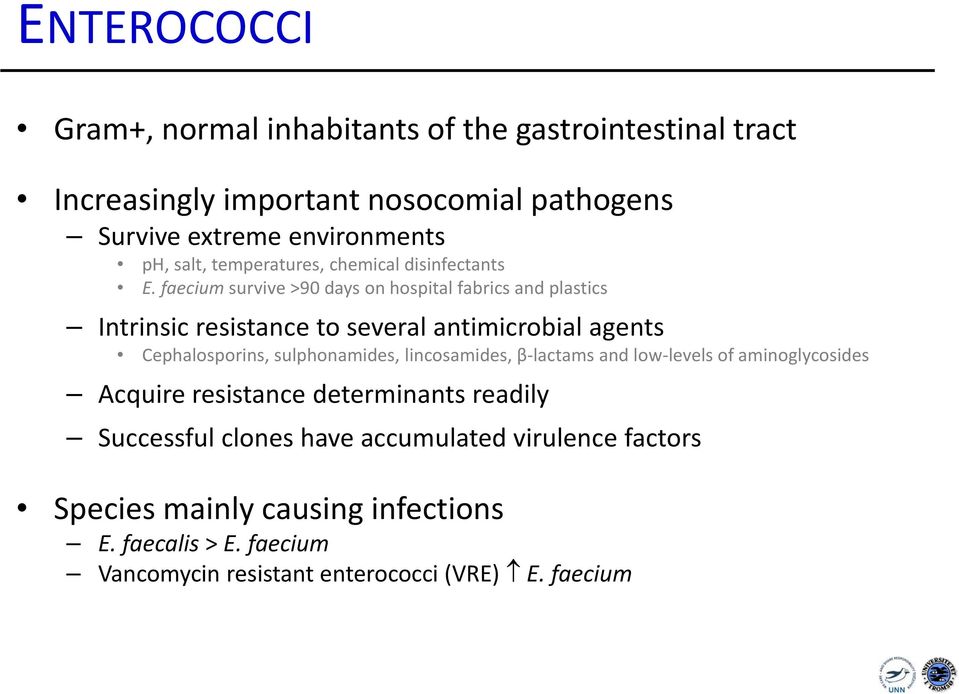 faecium survive >90 days on hospital fabrics and plastics Intrinsic resistance to several antimicrobial agents Cephalosporins, sulphonamides,