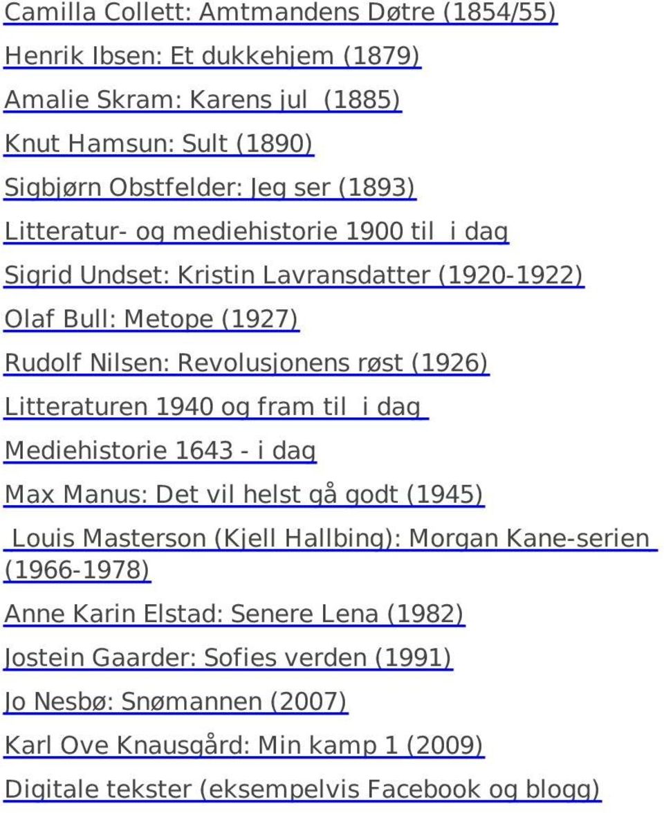 1940 og fram til i dag Mediehistorie 1643 - i dag Max Manus: Det vil helst gå godt (1945) Louis Masterson (Kjell Hallbing): Morgan Kane-serien (1966-1978) Anne Karin